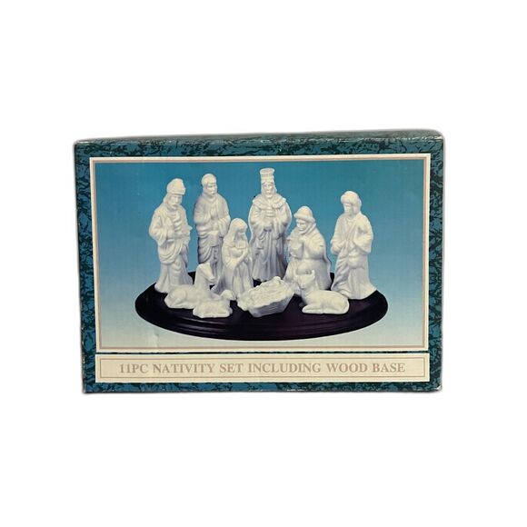 11-Piece White Nativity Set w/ Wood Base Christmas Display Porcelain Figures - Picture 3 of 12